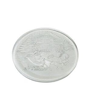 Etched Glass Winter Plate Santa & Horse Drawn Sleigh Scene Holiday Decor 12.5”